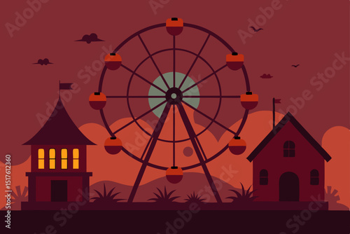 Vector illustration of a haunted house carnival at night, with a scary Halloween pumpkin silhouette under the moonlit sky