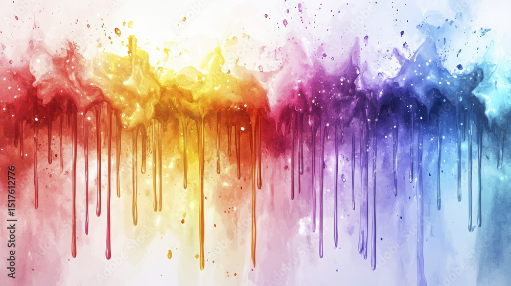 Fototapeta premium Dripping watercolor paint streaks down the canvas in bright, blended hues with artistic splatters