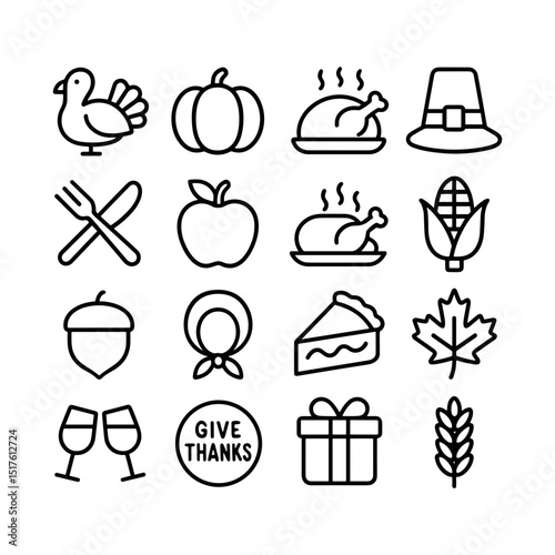 Outline Simple Thanksgiving Celebration Element Icon Set Collection Minimalist Style
