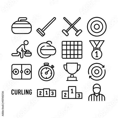 Linear Handdrawn Curling Sport Equipment and Elements Minimalist Icon Set