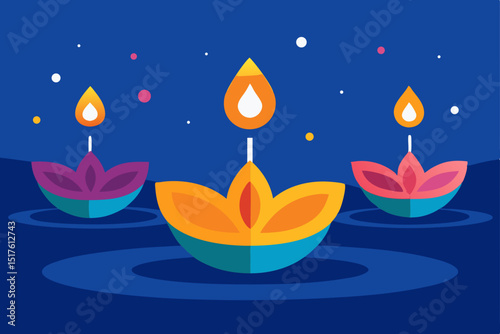 A whimsical vector illustration of a lotus flower in tranquil water, under a starry night sky with a crescent moon