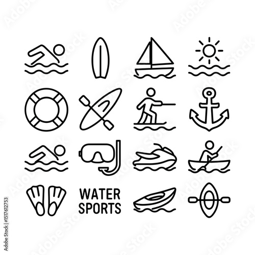 Minimalist Lineart Water Sport Equipment and Activity Icon Set Design