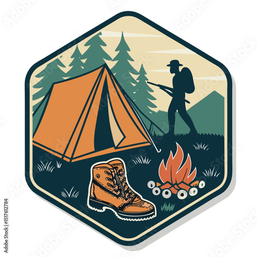 Design a badge featuring a camping tent, hiking boots, a campfire, and a silhouette of a person enjoying the scene.