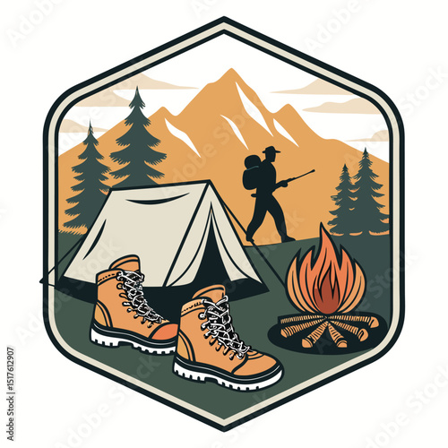 Design a badge featuring a camping tent, hiking boots, a crackling campfire, and a single human silhouette enjoying the scene.  Style should be rustic and evocative of outdoor adventure.
