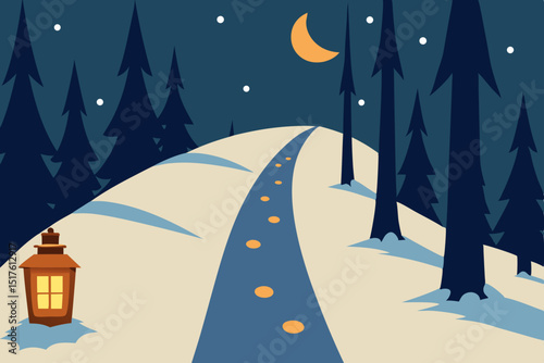 Christmas winter landscape with snow-covered trees, a village scene, and a festive night sky