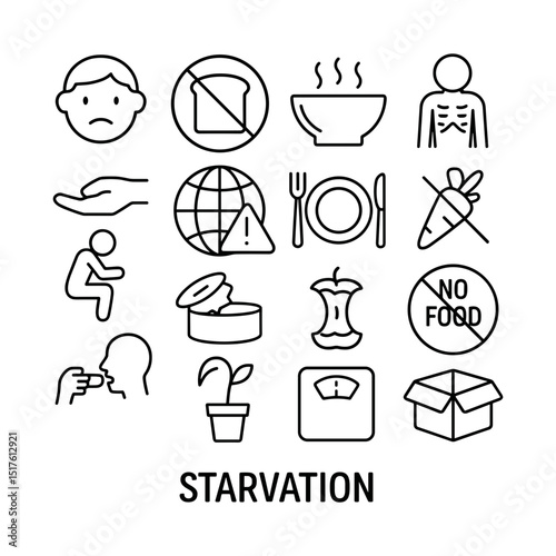 Minimalist Outline Illustration of Starvation Awareness, Food Crisis and Global Hunger Icons