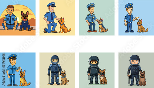 Cartoon Policemen And Police Dog Illustrations For Law Enforcement Themed Concepts