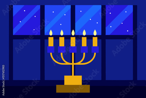 Antique golden menorah with burning candles, a vintage symbol of religion