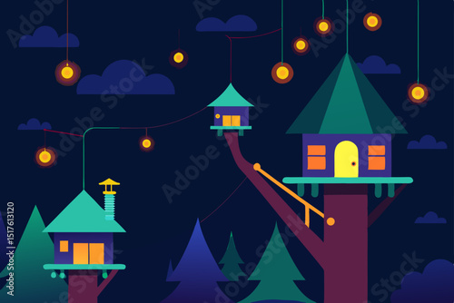 Christmas winter night landscape with a house and snow in a village scene illustration