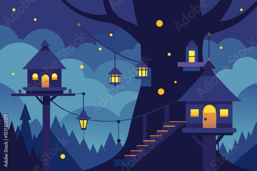 Vector illustration of a dark Halloween night with a scary house silhouette under the moonlit sky