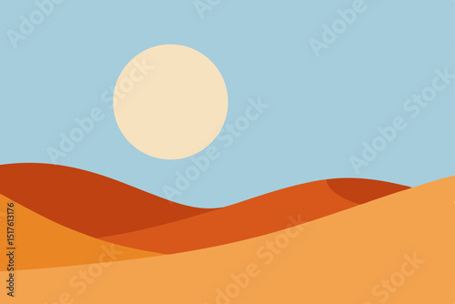 Vector illustration of a desert landscape with a summer sunset over sand dunes and mountains
