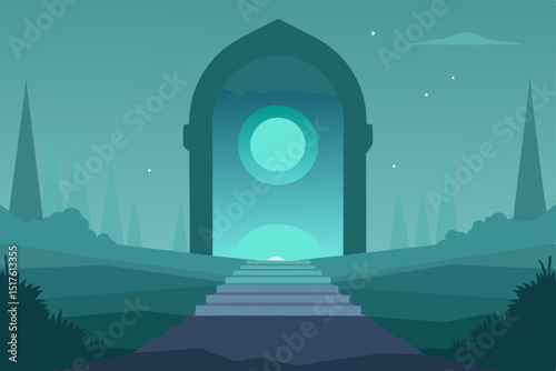 Ancient stone architecture of the Great Mosque with its archway entrance, a historical monument mirrored by the old bridge over the river, both day and night, evoking European travel