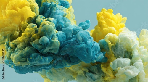 An abstract image featuring swirling teal and yellow paint clouds against a muted blue backdrop. The colors blend and diffuse creating a dynamic, fluid composition