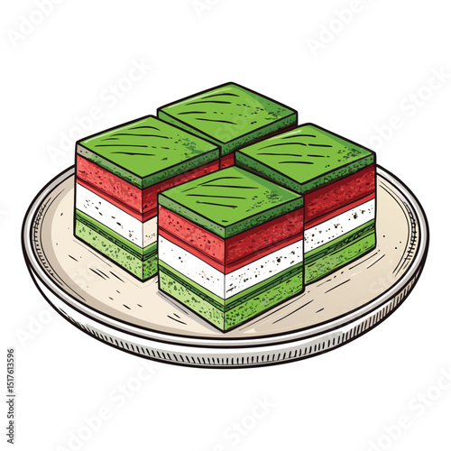 A vibrant, close-up shot of Kuih Talam, a traditional Malaysian layered dessert, isolated on a pristine white background.  Show the texture and colors vividly.