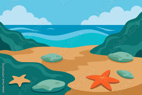 Tropical beach vector illustration with blue ocean waves and summer sky