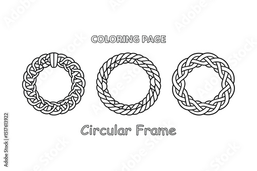 Circular Rope Frame Coloring Page Set – Braided Wreath Outline Vector Collection