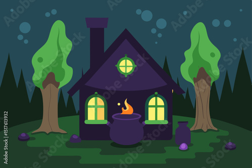 A charming cartoon cottage nestles in a vibrant summer forest landscape with a clear sky and tall trees
