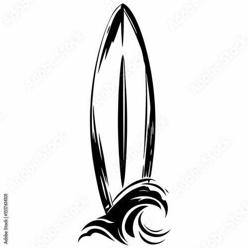 Surfboard silhouette with wave graphic design in black and white  