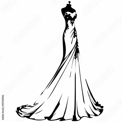 Elegant gown silhouette with flowing fabric on dress form  