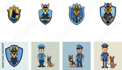 Cartoon Police Dog Character Set Featuring Officers Canine Cops Vector Illustrations
