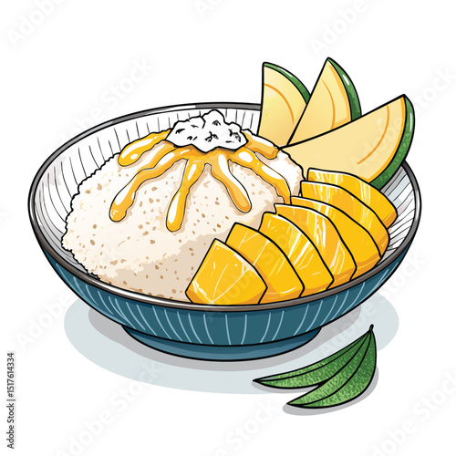 Close-up shot of vibrant mango sticky rice, glistening with coconut milk drizzle, served in a traditional bowl.  Isola setting implied.