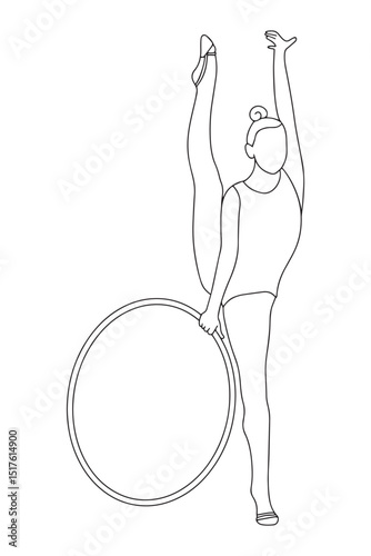Elegant slim girl with a hoop - rhythmic gymnastics. Sportswoman and equipment in doodle style. Vector black and white hand drawn illustration. Vector 