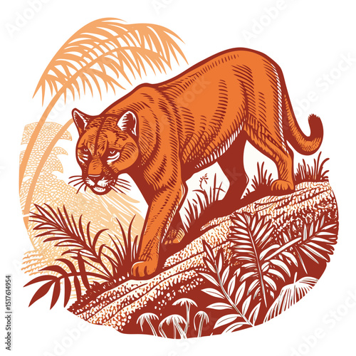 Design a badge featuring a majestic mountain lion stealthily moving through dense underbrush, emphasizing its predatory grace and natural habitat.
