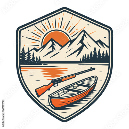 Design a badge featuring a vibrant sunrise over a tranquil lake scene with a canoe and majestic mountain backdrop.  Include intricate details.