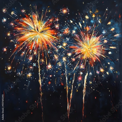 Spectacular Fireworks Display at Night – Colorful Explosions in Dark Sky Celebration Background