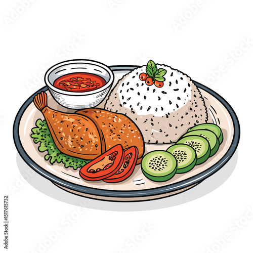 Close-up studio shot of Nasi Ayam Penyet, a popular Malaysian dish, isolated on a white background, showcasing its vibrant colors and textures.