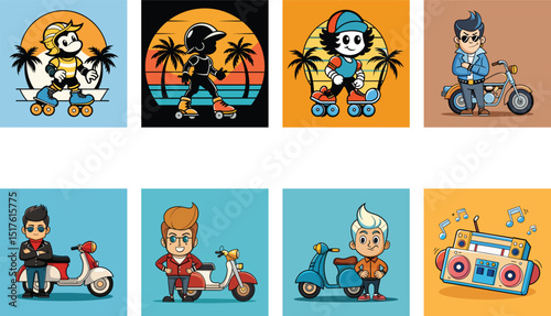 Retro Cartoon Characters With Skateboarding,Motorbikes And A Boombox Set Vector
