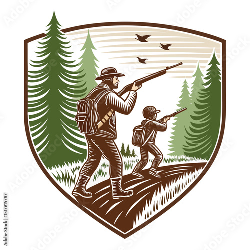 Create a classic emblem depicting a hunter and his son, both carrying rifles, showcasing a strong father-son bond within a hunting tradition.
