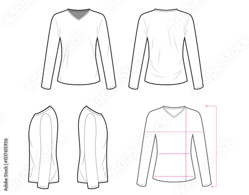 T-Shirt Measurement Guide Template – Front, Back, Side Views with Sizing Lines for Online Shopping