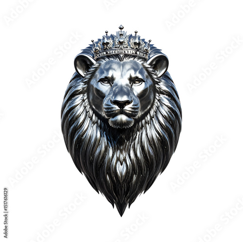 Front-facing lion with jeweled crown, symbol of strength and royalty, majestic mane flowing, fantasy royal portrait, 8K detail, chiaroscuro effect, black velvet background.