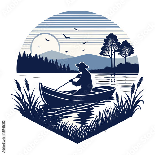 Design a classic emblem featuring a silhouetted fisherman in a rowboat on calm water, evocative of peaceful solitude and traditional fishing.
