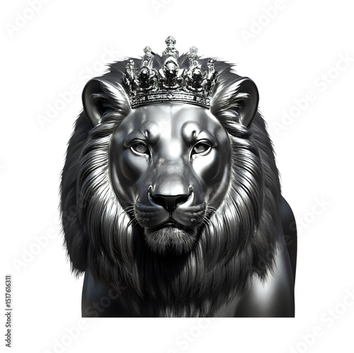  Front-facing lion with jeweled crown, symbol of strength and royalty, majestic mane flowing, fantasy royal portrait, 8K detail, chiaroscuro effect, black velvet background.