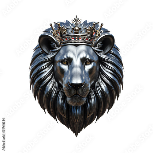  Front-facing lion with jeweled crown, symbol of strength and royalty, majestic mane flowing, fantasy royal portrait, 8K detail, chiaroscuro effect, black velvet background.