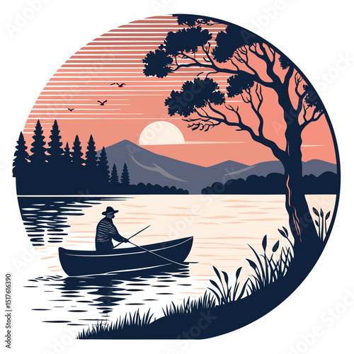 Design a classic emblem featuring a detailed silhouette of a rowboat with a fisherman, set against a stylized sunset or sunrise.  Include nautical elements.