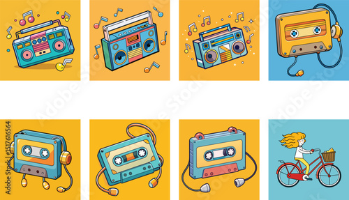 Retro Music Media Collection Boomboxes Cassette Tapes And Bicycle Rider Illustrations