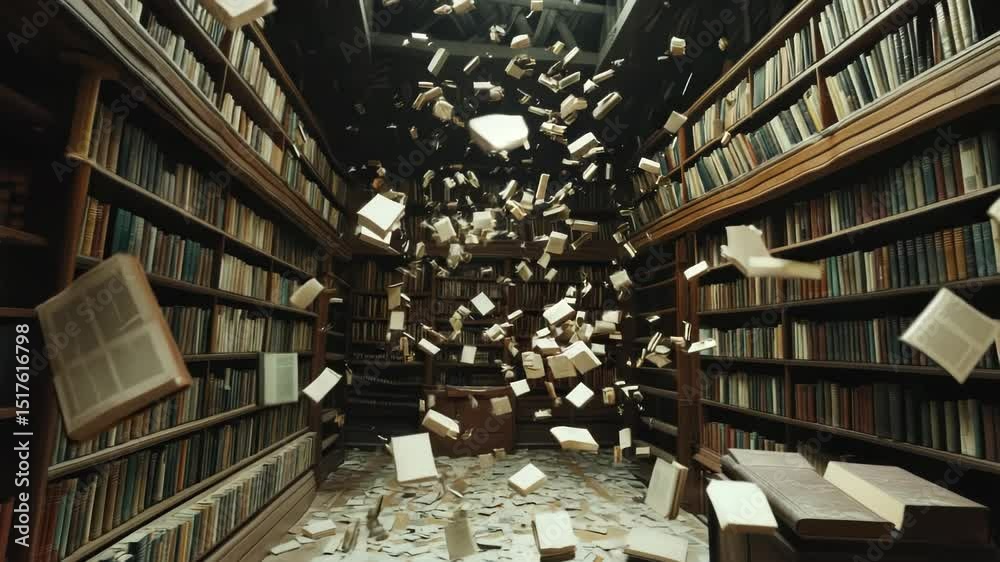 Dynamic library scene with flying books animation creating a magical and immersive atmosphere