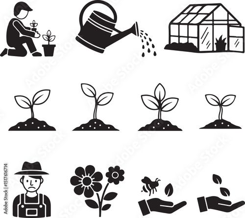 Set of vector your food, watering can, greenhouse, seedling, sprout, farmer, pollination 
