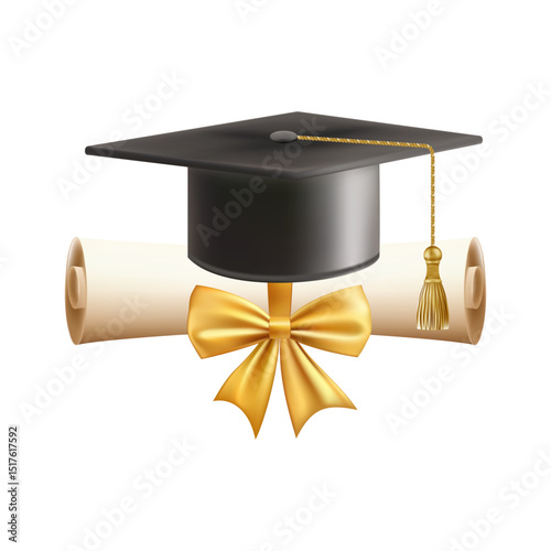3d diploma scroll with graduate hat. Vintage roll paper