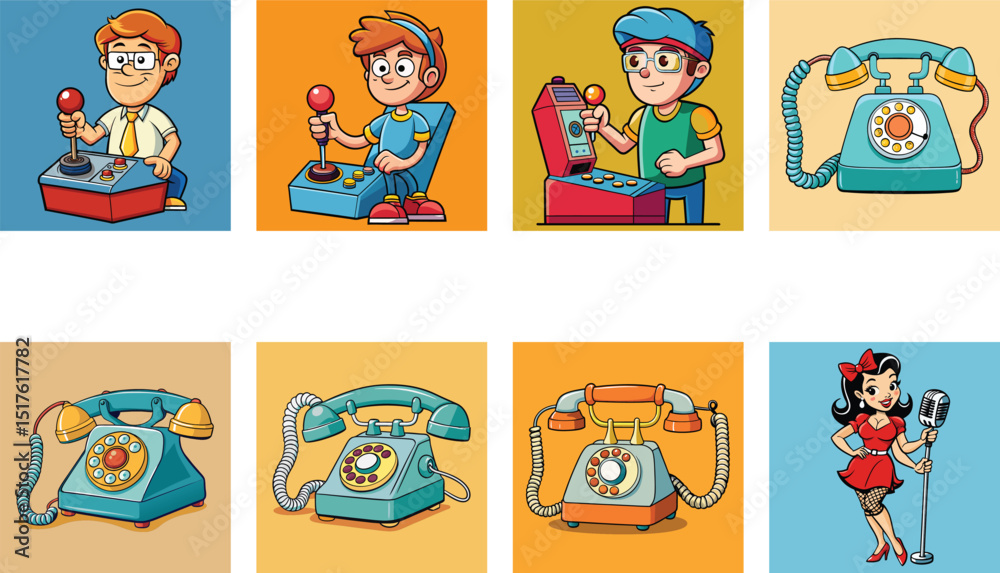 Fototapeta premium Cartoon Illustrations Of Retro Objects Gaming Consoles And Vintage Pinup Singer