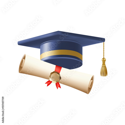 3d diploma scroll with graduate hat. Vintage roll paper