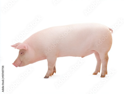 Pink domestic pig side profile isolated on white background
