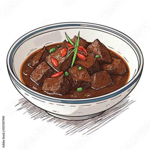 High-resolution close-up of authentic Malaysian Rendang Tok, isolated on a pristine white background, showcasing its rich texture and vibrant color.