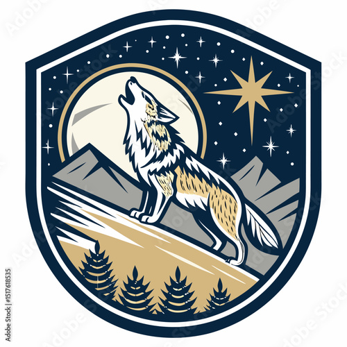 Create a stylized emblem featuring a howling coyote silhouetted against a detailed starry night sky, incorporating a stylized 'B' subtly within the design.