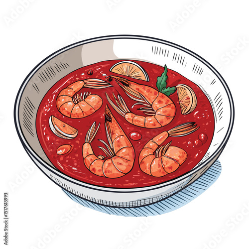 Create a vibrant studio shot of Sambal Udang, a Malaysian shrimp dish in rich, spicy sambal sauce, isolated on a clean white background.  Show the detail of the shrimp and sauce.