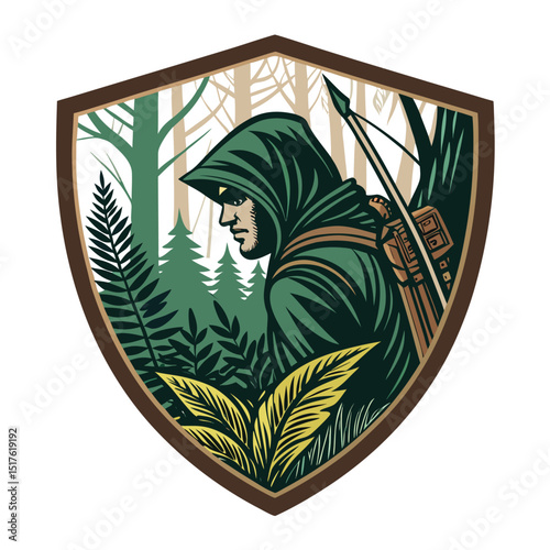 A cloaked archer, partially obscured by lush, vibrant foliage, waits patiently; an emblem of stealth and precision.