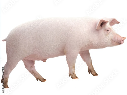 Pink domestic pig side profile isolated on white background
